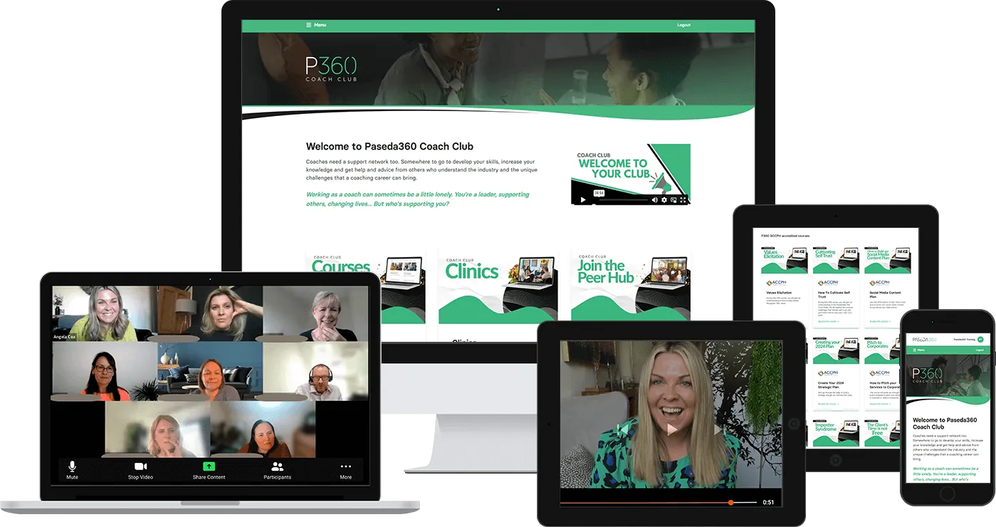 The Coach Club online platform shown on a laptop, desktop, tablet and phone